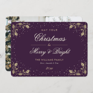 Purple Merry and Bright Snow Holly Photo Christmas Holiday Card