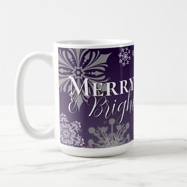 Purple Merry and Bright Snowflakes Christmas Coffee Mug (Left)