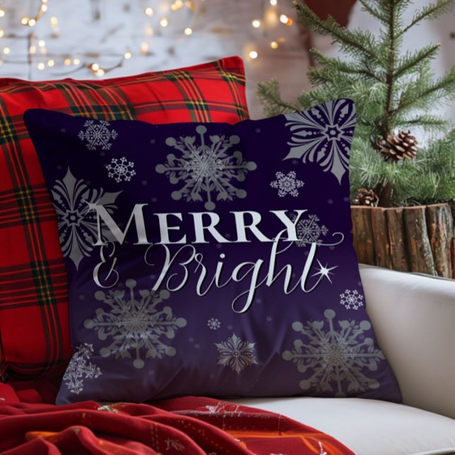 Purple Merry and Bright Snowflakes Christmas Cushion (Purple Merry and Bright Snowflakes Christmas Throw Pillow)