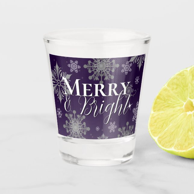 Purple Merry and Bright Snowflakes Christmas Shot Glass (Front)