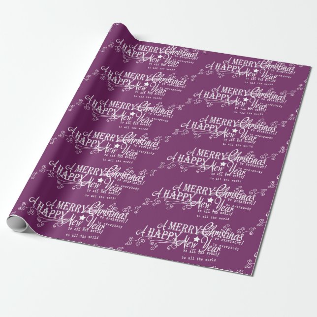 Purple Merry Christmas Happy New Year Wrapping Paper (Unrolled)