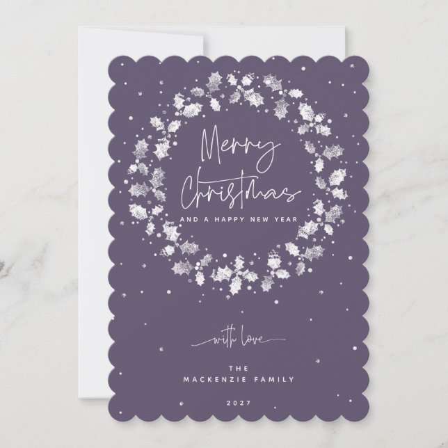 Purple Merry Christmas Holly Wreath Holiday Card (Front)