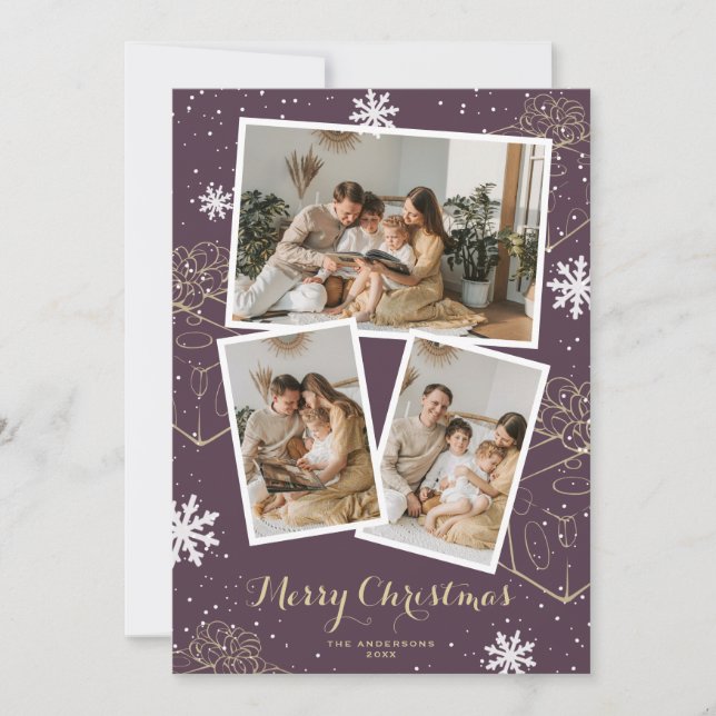 Purple Merry Christmas Photo Collage Holiday Card (Front)