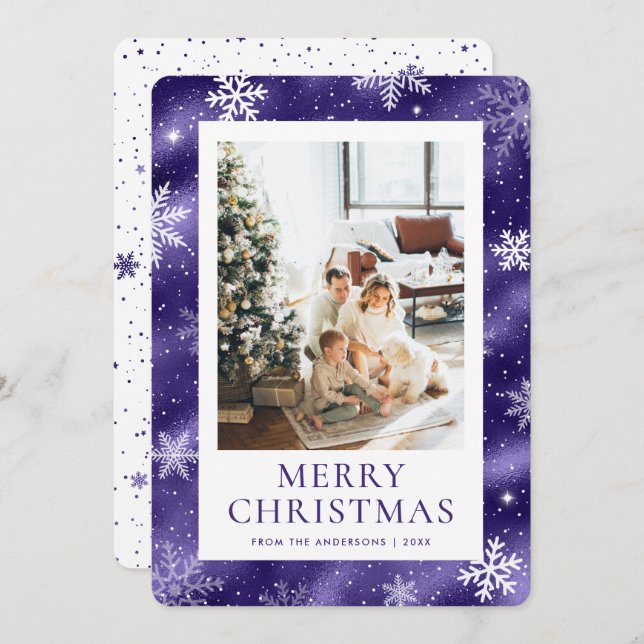 Purple Merry Christmas Snowflake Snow Photo Holiday Card (Front/Back)