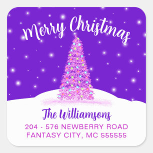Purple Merry Christmas Tree Return Address Label