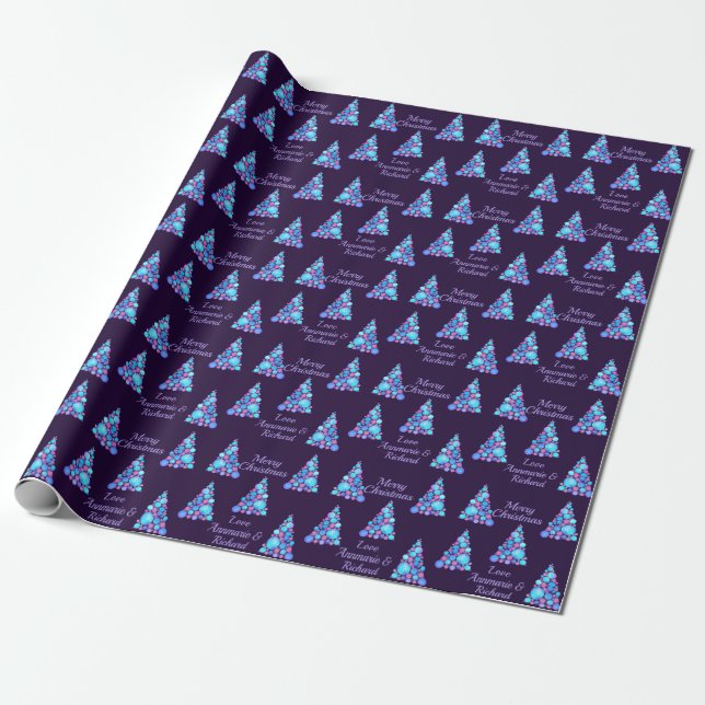 Purple Merry Christmas Tree with Name  Wrapping Paper (Unrolled)