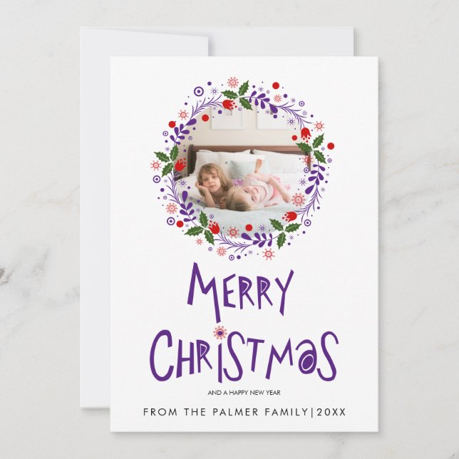 Purple Merry Christmas typography and wreath photo Holiday Card (Front)