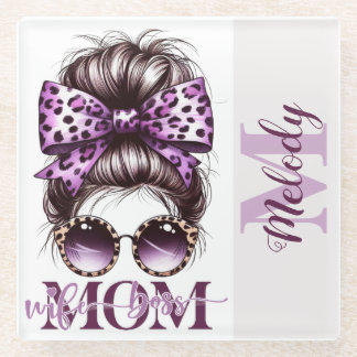 Purple Messy Bun Mum Wife Boss Glass Coaster