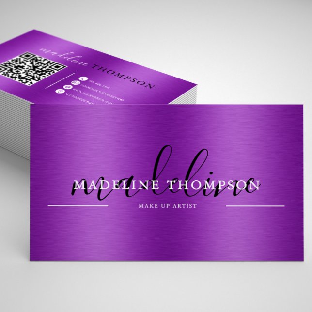 Purple Metallic Brush Steel Script QR code Business Card (Creator Uploaded)