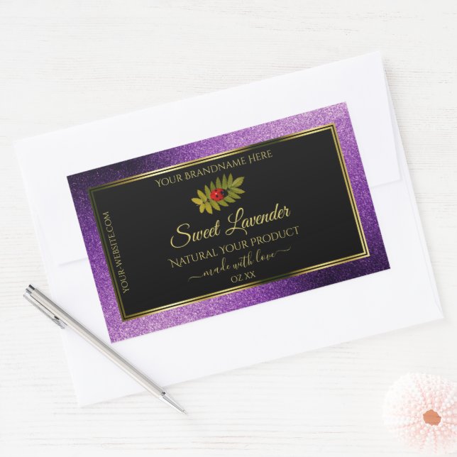 Purple Metallic Faux Glitter Black Product Labels (Envelope)