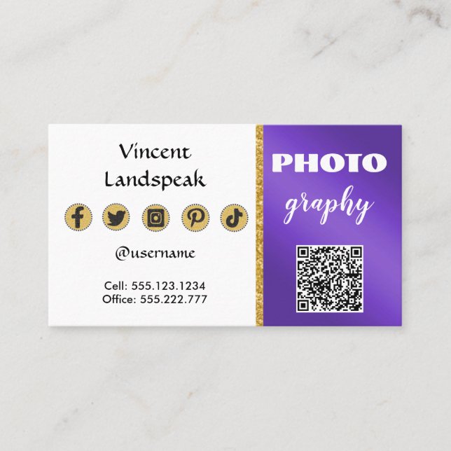 Purple Metallic Gold Glitter QR Code Photography Business Card (Front)