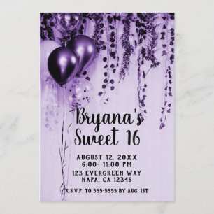 Purple Metallic Party Balloons Ivy White Sweet 16 Invitation