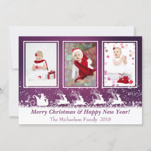 Purple Metallic Santa Snow Photo Christmas Card