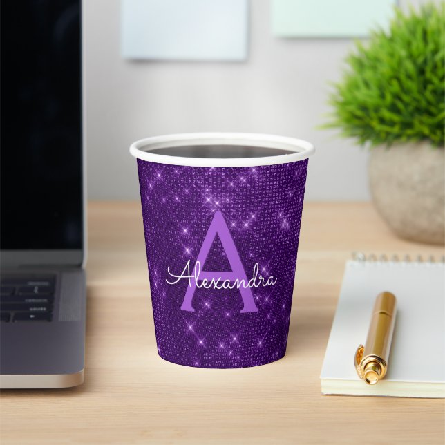 Purple Metallic Stylish Monogram Paper Cups (Insitu)