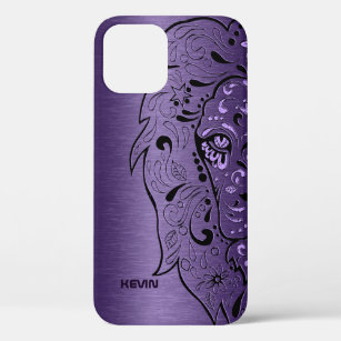 Purple Metallic Texture & Lion Head Sugar Skull iPhone 12 Case