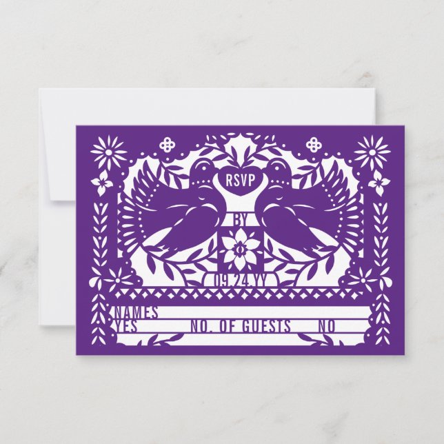 Purple Mexican Fantail Doves Papel Picado RSVP Card (Front)