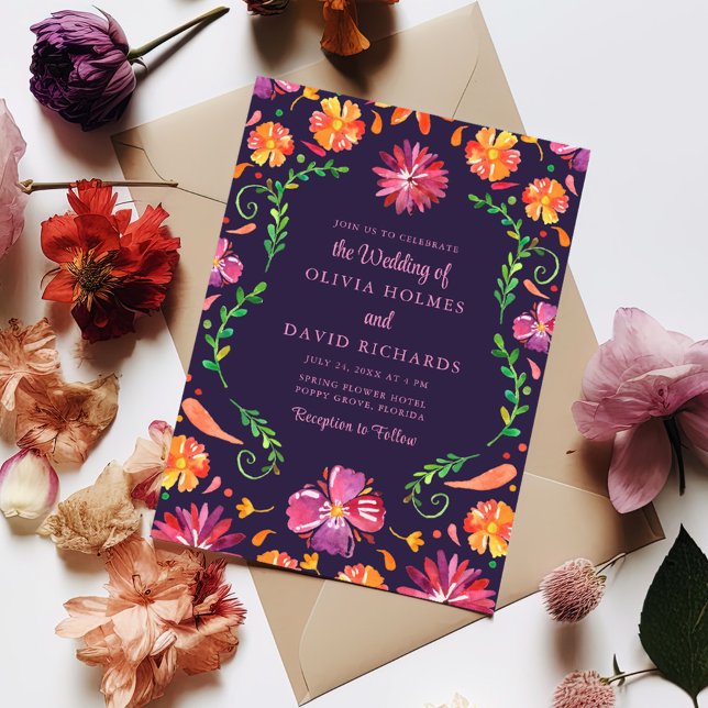 Purple Mexican Vibrant Floral Fiesta Wedding Invitation (Purple Mexican Vibrant Floral Fiesta Wedding Invitation on a table surrounded with flowers.)
