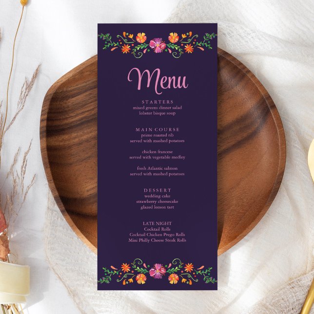 Purple Mexican Vibrant Floral Fiesta Wedding Menu (Purple Mexican Vibrant Floral Fiesta Wedding Menu on a white wedding table.)