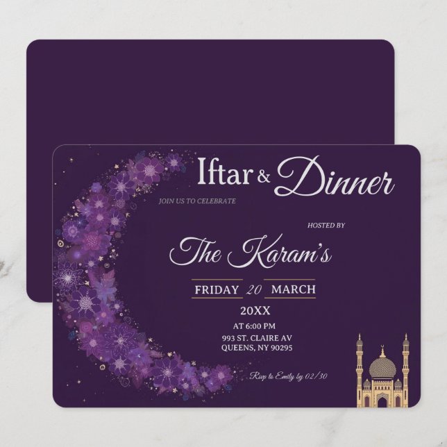 Purple Minimal Mosque Ramadan Iftar Party  Invitation (Front/Back)