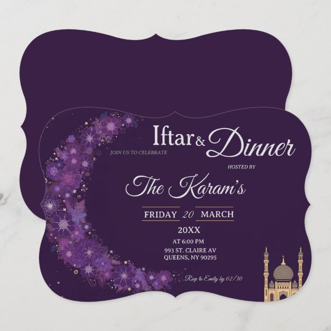 Purple Minimal Mosque Ramadan Iftar Party  Invitation (Front/Back)