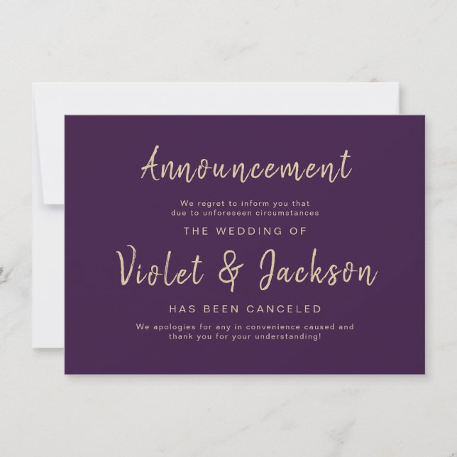 Purple minimal script wedding cancellation card (Front)
