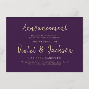 Purple minimal script wedding cancellation card