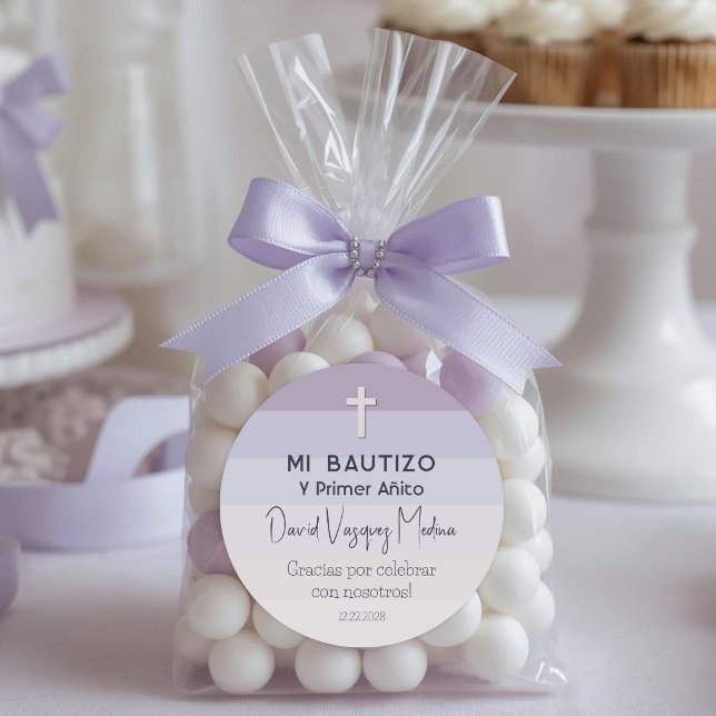 Purple Minimalist Baptism and First Birthday Classic Round Sticker (Creator Uploaded)