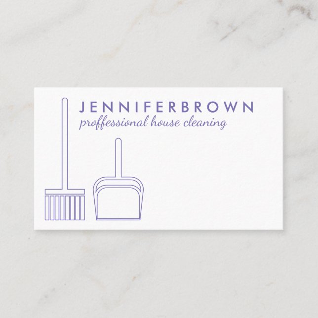 Purple Minimalist Broom House Cleaning Janitorial Business Card (Front)