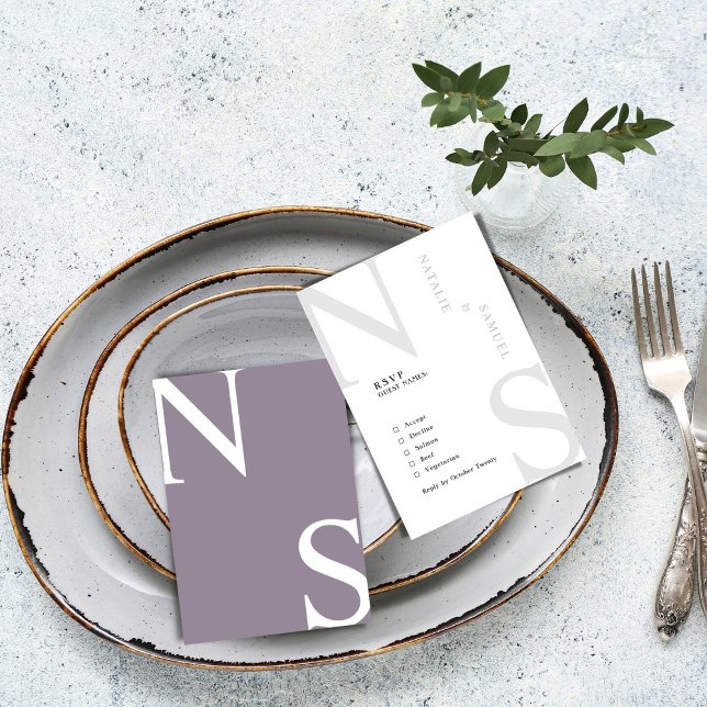 Purple Minimalist & Elegant Bold Initials Wedding RSVP Card (Creator Uploaded)