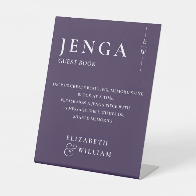 Purple Minimalist Modern Jenga Guest Book Pedestal Sign (Front)
