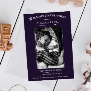 Purple Minimalist Photo Birth Announcement