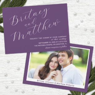 Purple Minimalist Photo Elegant Script Wedding Invitation