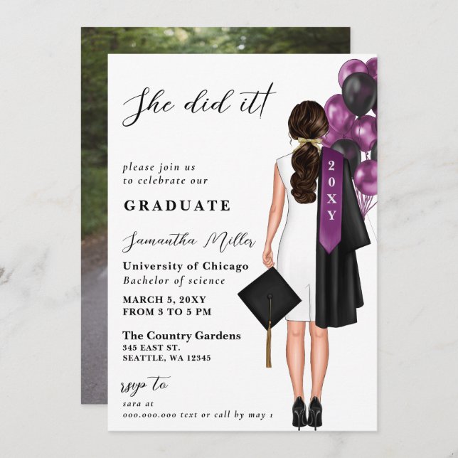 Purple Minimalist Photo She Did It Graduation Invitation (Front/Back)
