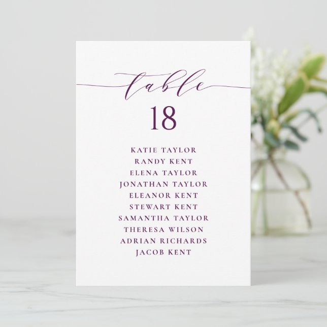 Purple Minimalist Script Seating Plan Table Number (Standing Front)