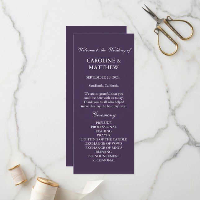 Purple Minimalist Simple Modern Elegant Wedding  Program (Front/Back In Situ)