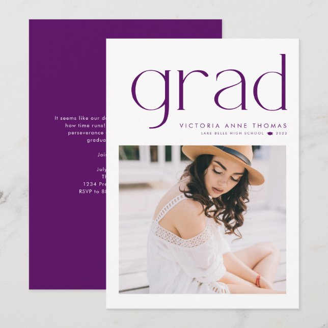 Purple Minimalist Typography Photo Graduation Announcement (Front/Back)