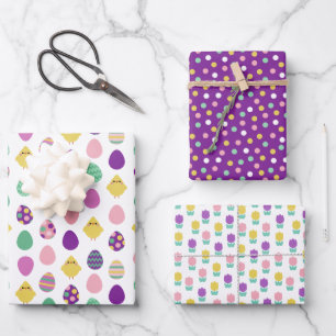 Purple Mint Chicken Eggs Tulips Easter Patterns Wrapping Paper Sheet