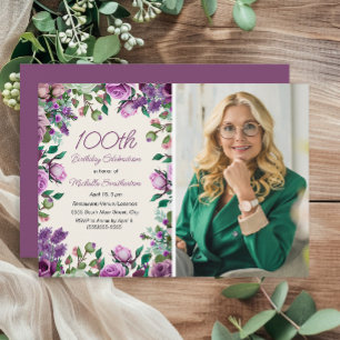 Purple Mint Green Floral 100th Birthday Photo  Invitation
