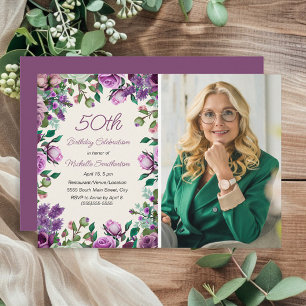 Purple Mint Green Floral 50th Birthday Photo Invitation