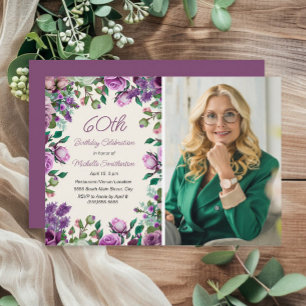 Purple Mint Green Floral 60th Birthday Photo Invitation