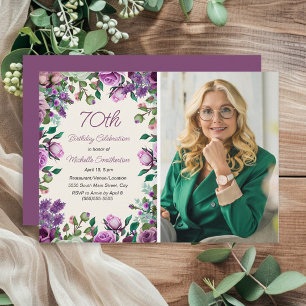 Purple Mint Green Floral 70th Birthday Photo Invitation