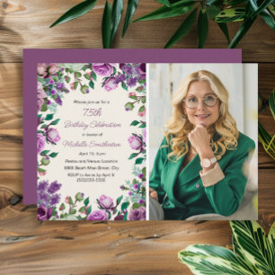 Purple Mint Green Floral 75th Birthday Photo  Invitation