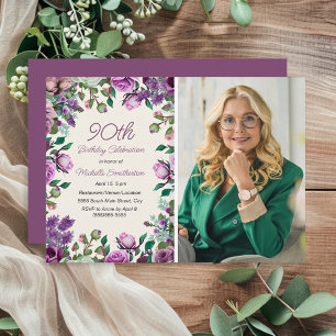 Purple Mint Green Floral 90th Birthday Photo  Invitation