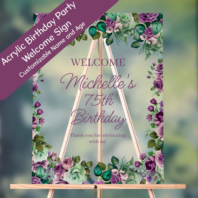 Purple Mint Green Floral Birthday Party Welcome Acrylic Sign (Acrylic purple and mint green floral birthday party welcome sign)