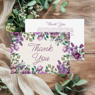 Purple Mint Green Watercolor Floral Birthday Thank You Card