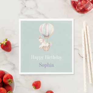 Purple Mint White Unicorn Hot Air Balloon Birthday Napkin