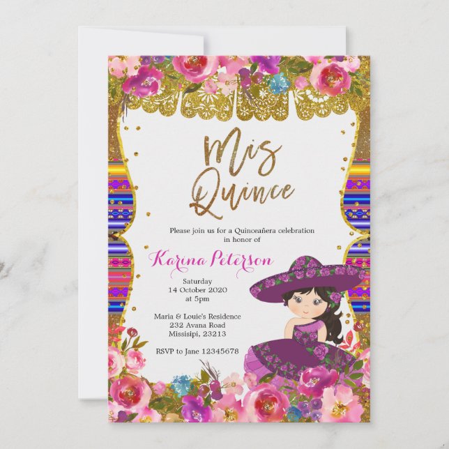 Purple Mis Quince Mexican Birthday Invitation (Front)