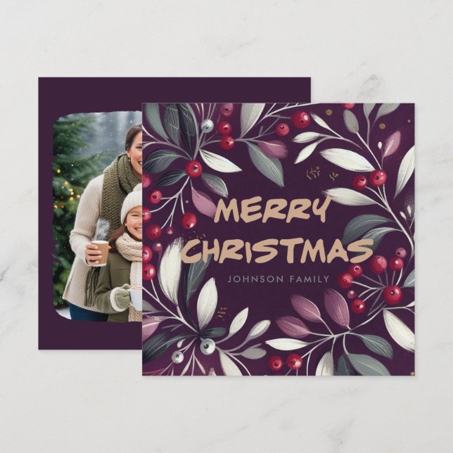 Purple mistletoe wreath Flat Holiday Card (Front/Back)