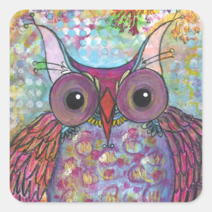 Purple Mixed Media Owl Square Sticker