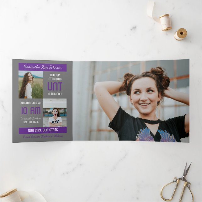 Purple Modern Block 5-Photo Graduation Tri-Fold Invitation (Inside)